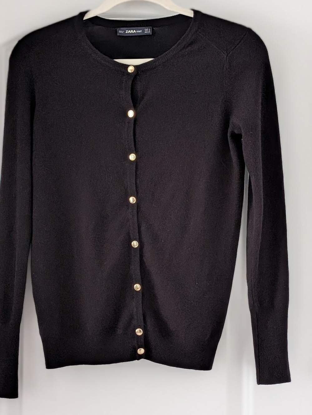 Zara Black Crewneck Cardigan with Gold Buttons